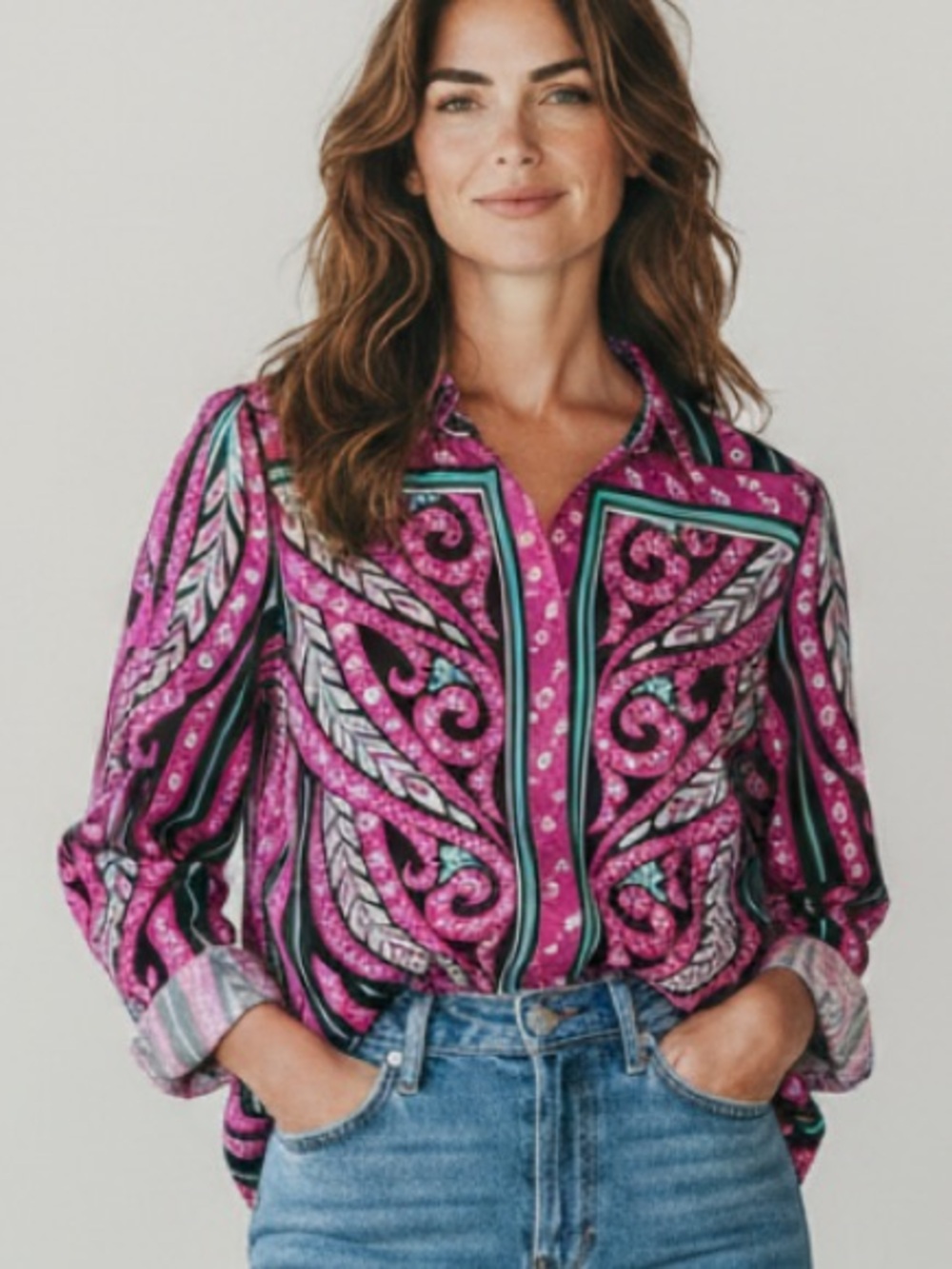 Bob Mackie Pink Purple Printed Button Front Women's Top Vintage Size Medium
